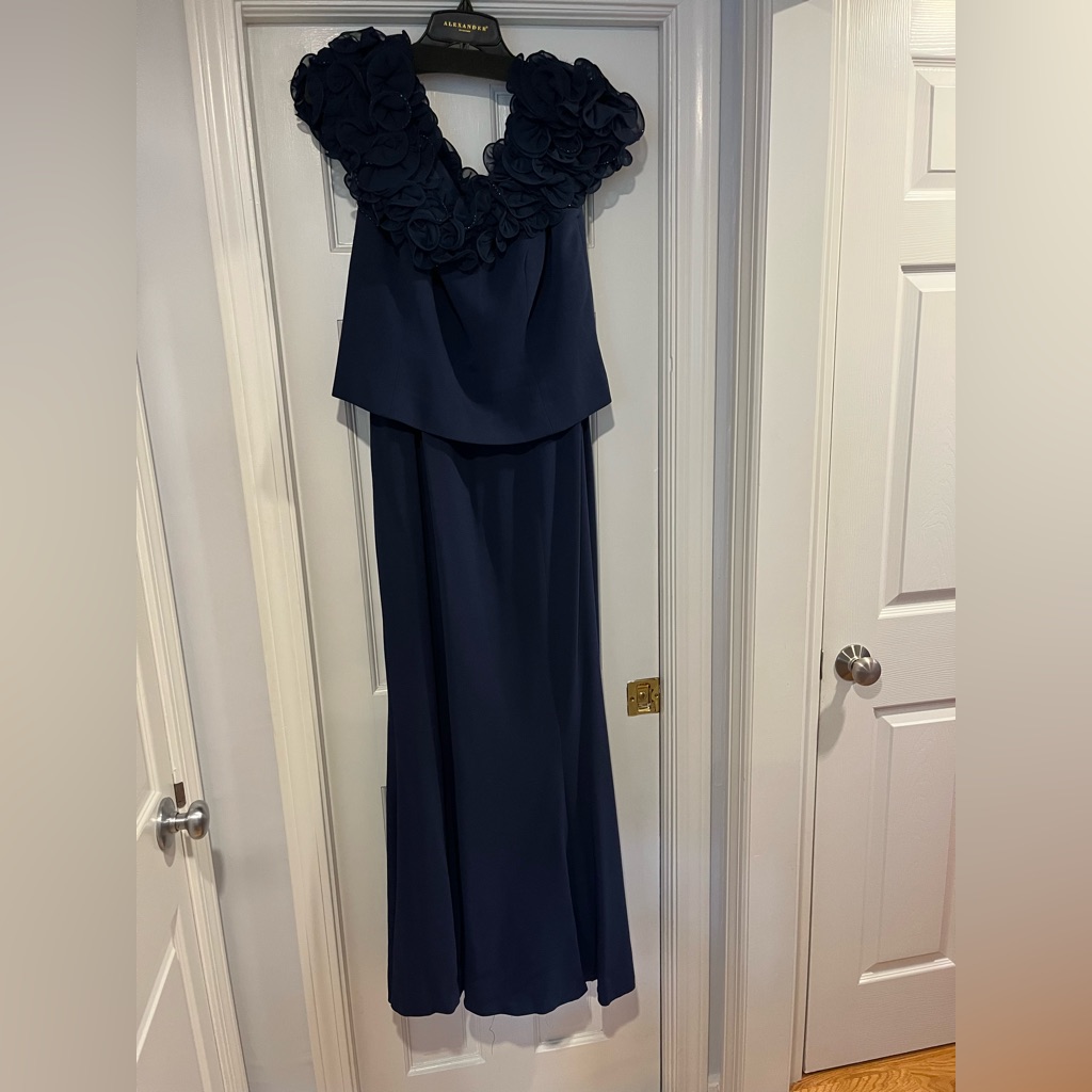 Elegant Navy Blue Gown With Floral Neckline